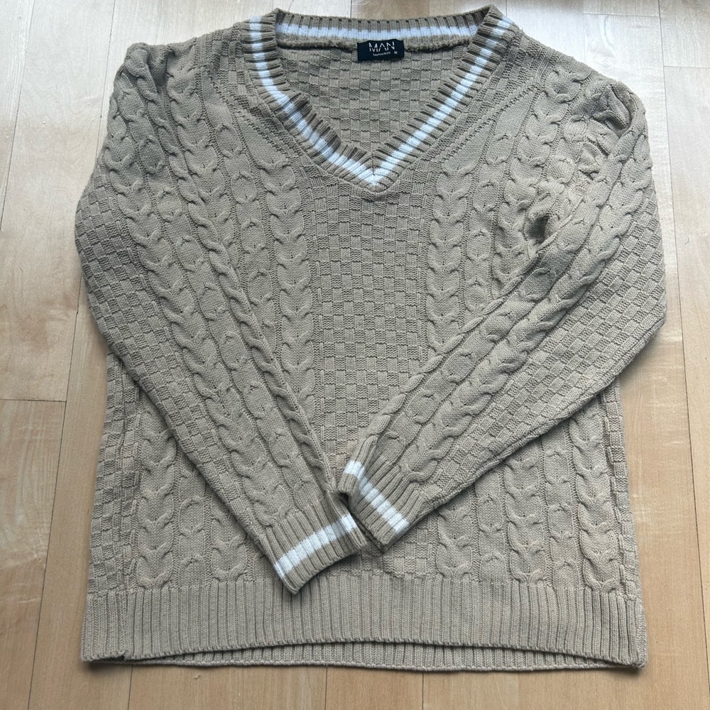 Beige White Trimmed Cable Knit Sweater